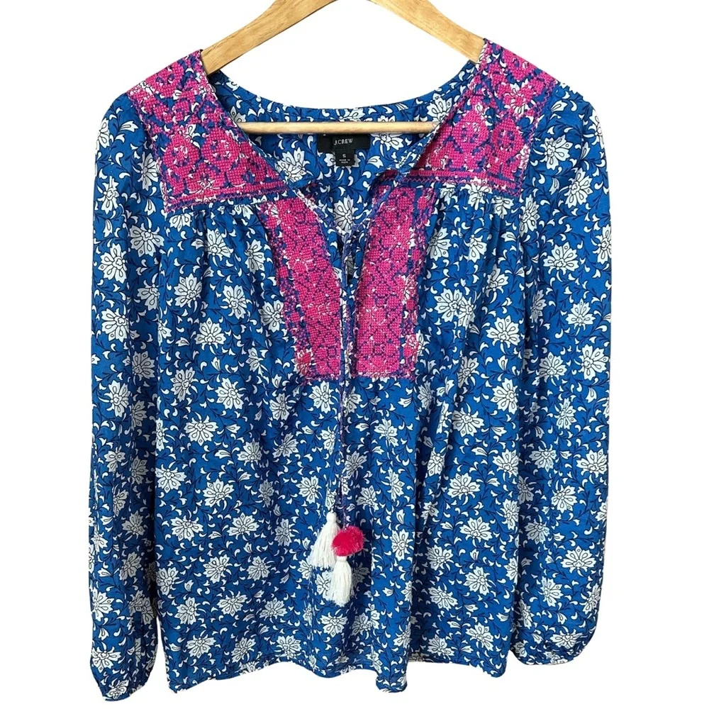 J. Crew Blue/White Cotton Voile Peasant Top with Pink Cross Stitch Embroidery